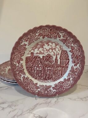 Vintage Merrie Olde England Ironstone Dinner Plate Set of 4 Red Transferware 10”